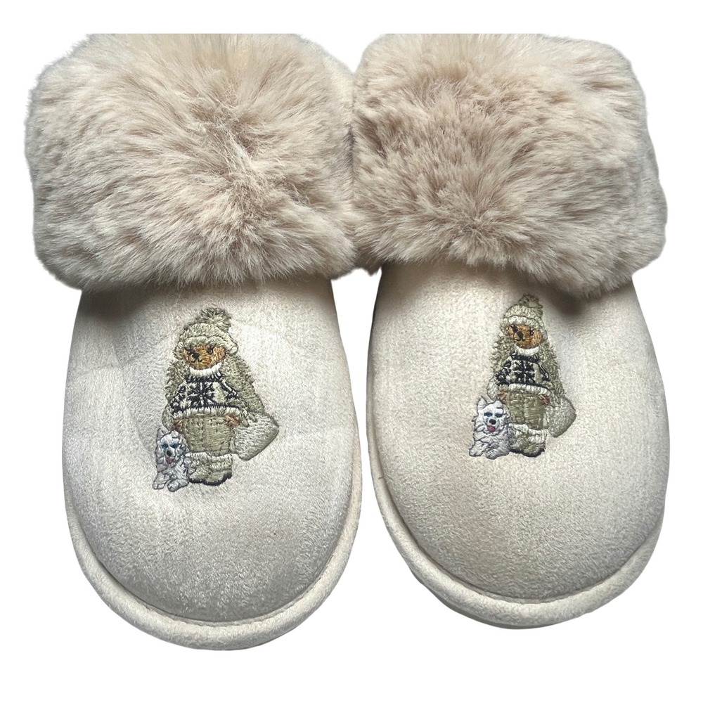 Polo Ralph Lauren Polo Bear Charlotte Scuff Slippers Cream Faux Fur Women's 10